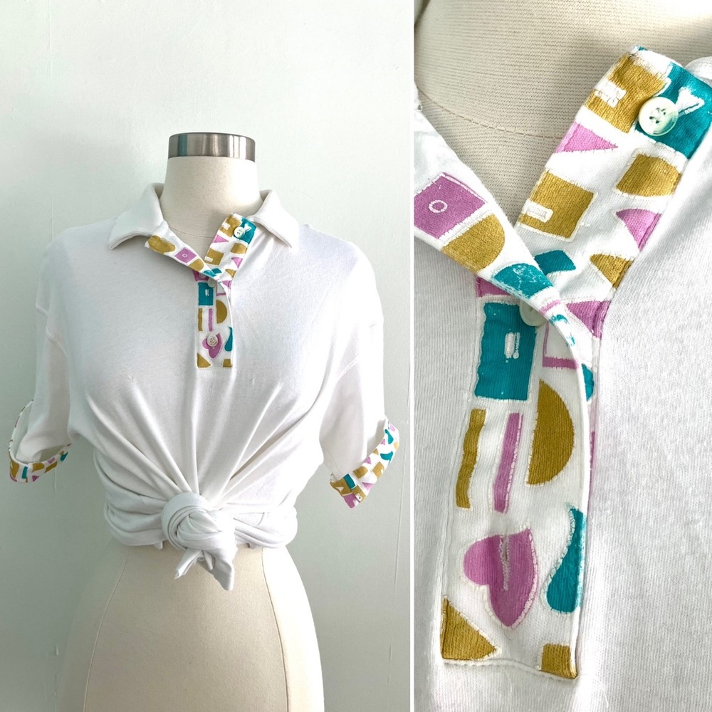 Vintage 80’s white polo shirt geometric pink blue mustard cuff top